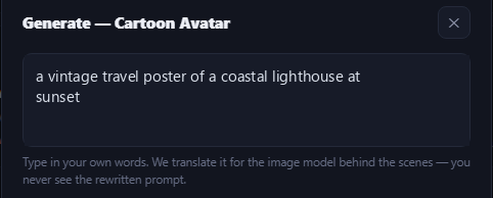 Image Desk prompt box containing: a vintage travel poster of a coastal lighthouse at sunset