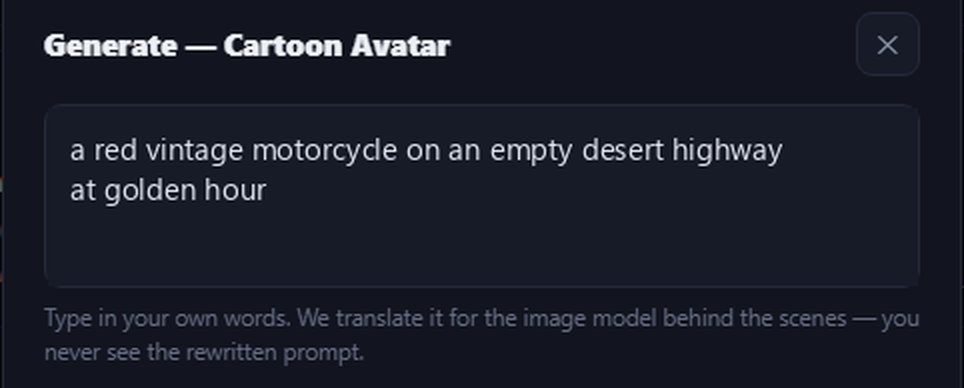 Image Desk prompt box containing: a red vintage motorcycle on an empty desert highway at golden hour