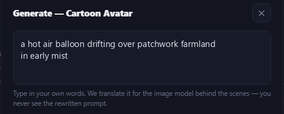 Image Desk prompt box containing: a hot air balloon drifting over patchwork farmland in early mist