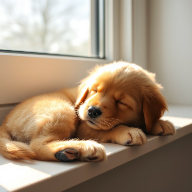Image generated by Image Desk from that prompt: a golden retriever puppy asleep on a sunlit window seat, soft morning light