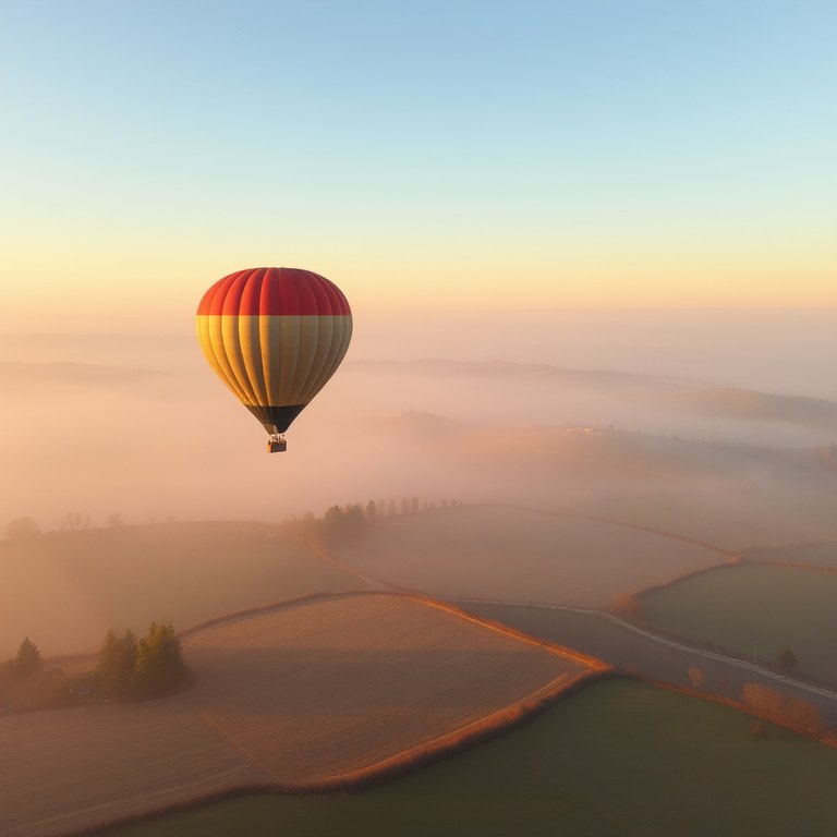 Image generated by Image Desk from that prompt: a hot air balloon drifting over patchwork farmland in early mist